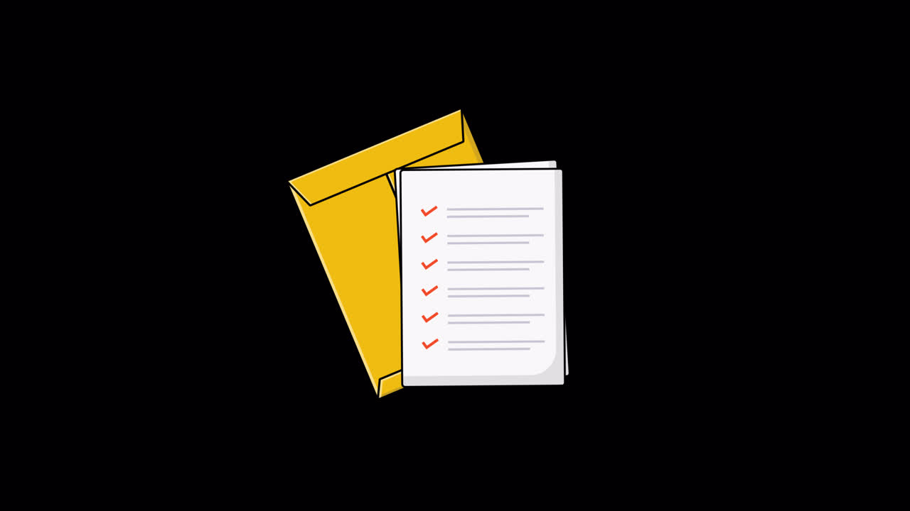 Documento checklist animato con segni rossi in busta gialla