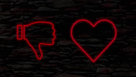 animation of red neon thumbs up thumbs down heart and cloud symbols flashing on black background