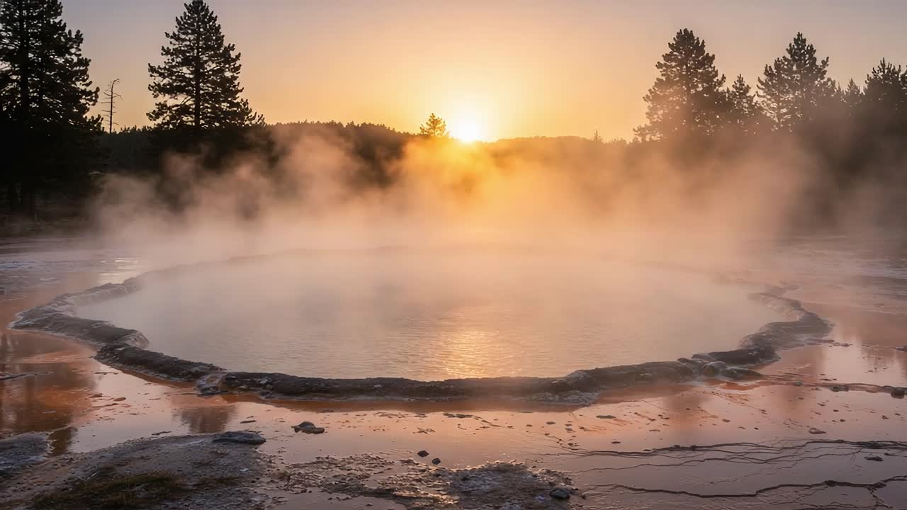 Breathtaking Sunrise Over a Colorful Geothermal Hot Spring with Steaming Vapor and Surreal Landscape of Pine Trees in the Background