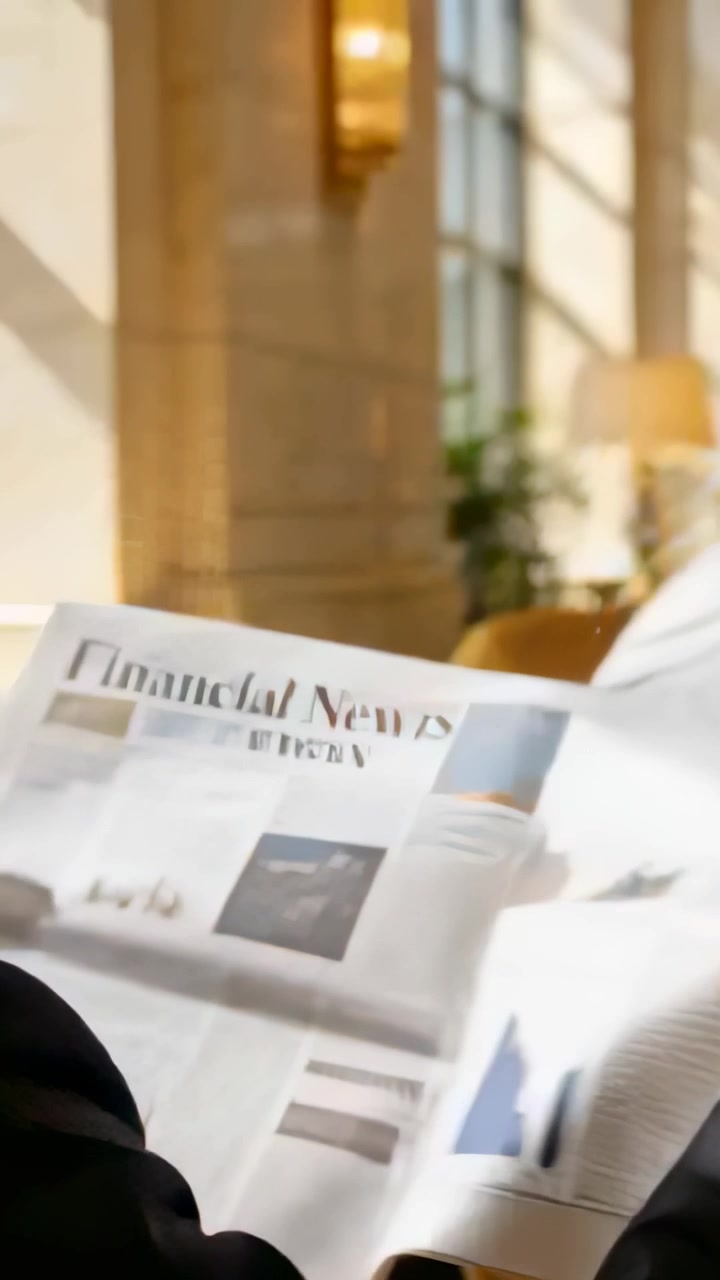 Vertical video: Scanning charts, man in dark suit turning page in lounge, revealing Financial News