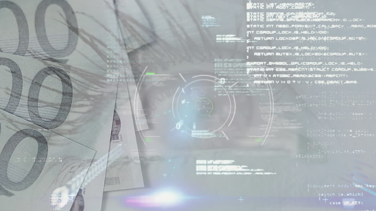 Animation of data processing and eye over euro banknotes