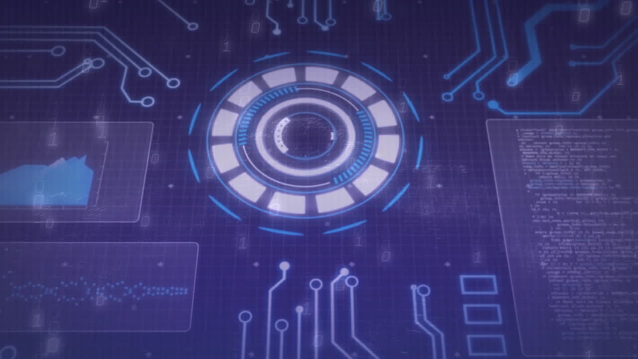 Futuristic digital interface with circuit patterns and data processing animation