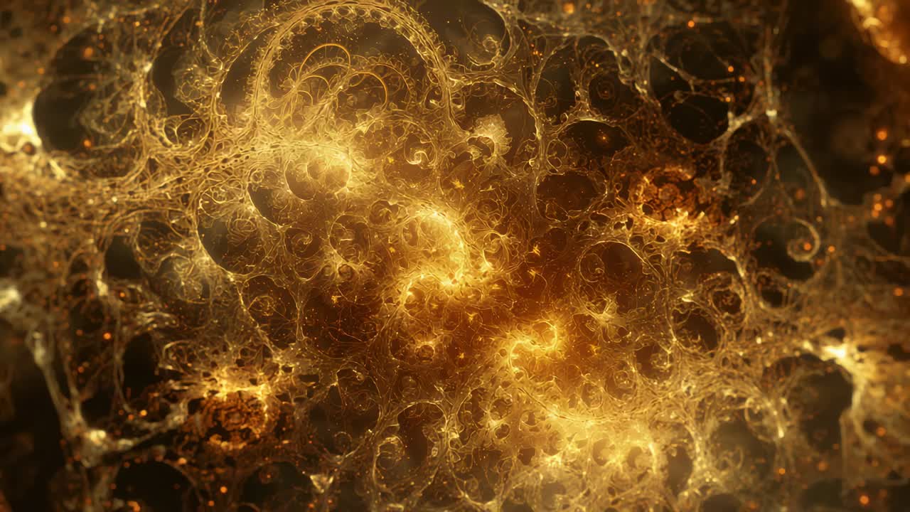 Langsomt zoom roterende gyldne fraktale slyngtråde, der bringer tre spiralformede kerner fremad, med tomrum