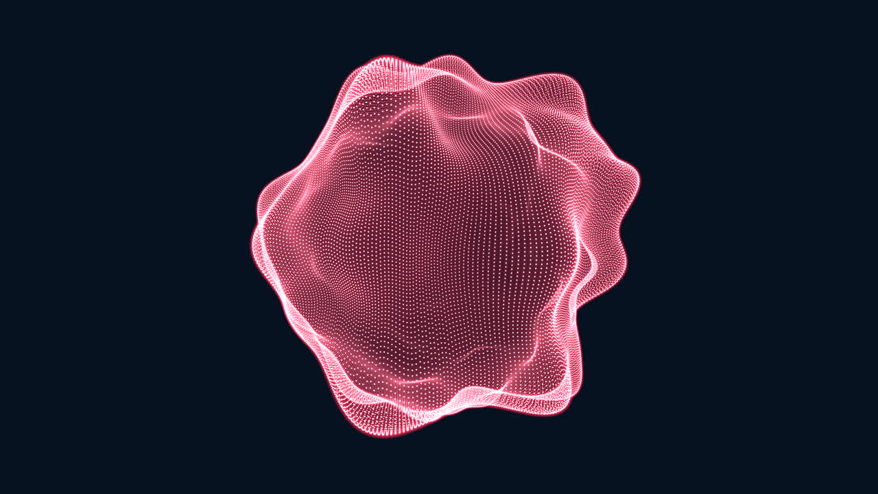 Abstract 3D particle wave sphere made of glowing pink dots on a dark background, ideal for technology, data, music visualization, motion graphics backdrops and modern digital presentations