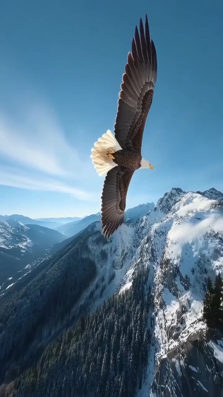 Aquila calva in volo sopra cime montuose innevate