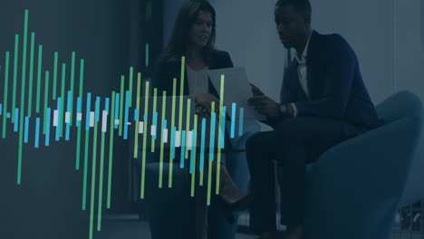 analyzing documents, business professionals with bar graph animation over them