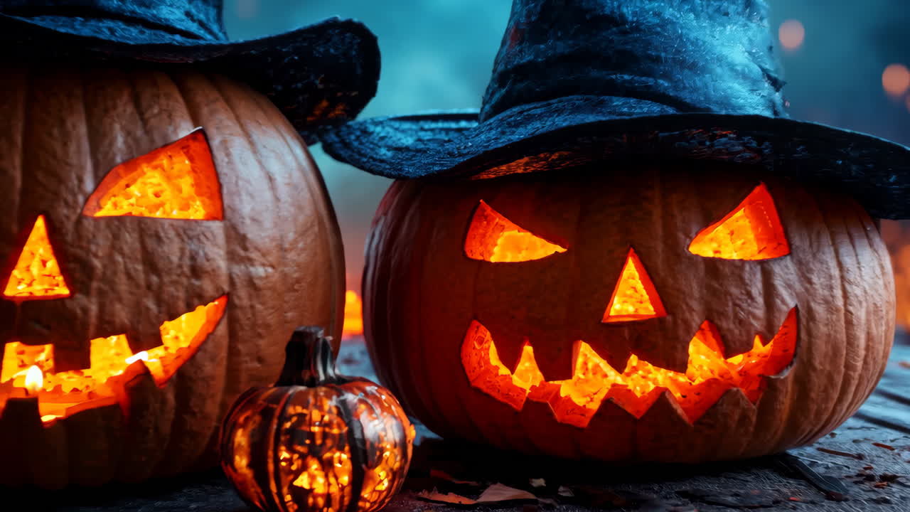 Two pumpkins with witch hats on top of a wooden table. The pumpkins are lit up and have scary faces