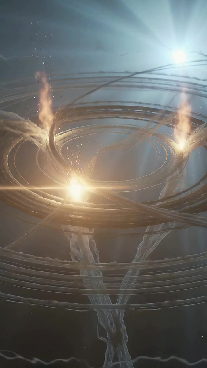 Vertical video: Spinning ring assembly and tendrils reacting to beam in void, igniting third flame