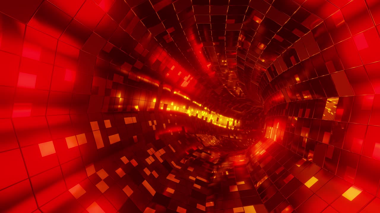 3D render loop animation of tunnel with glowing red neon pattern