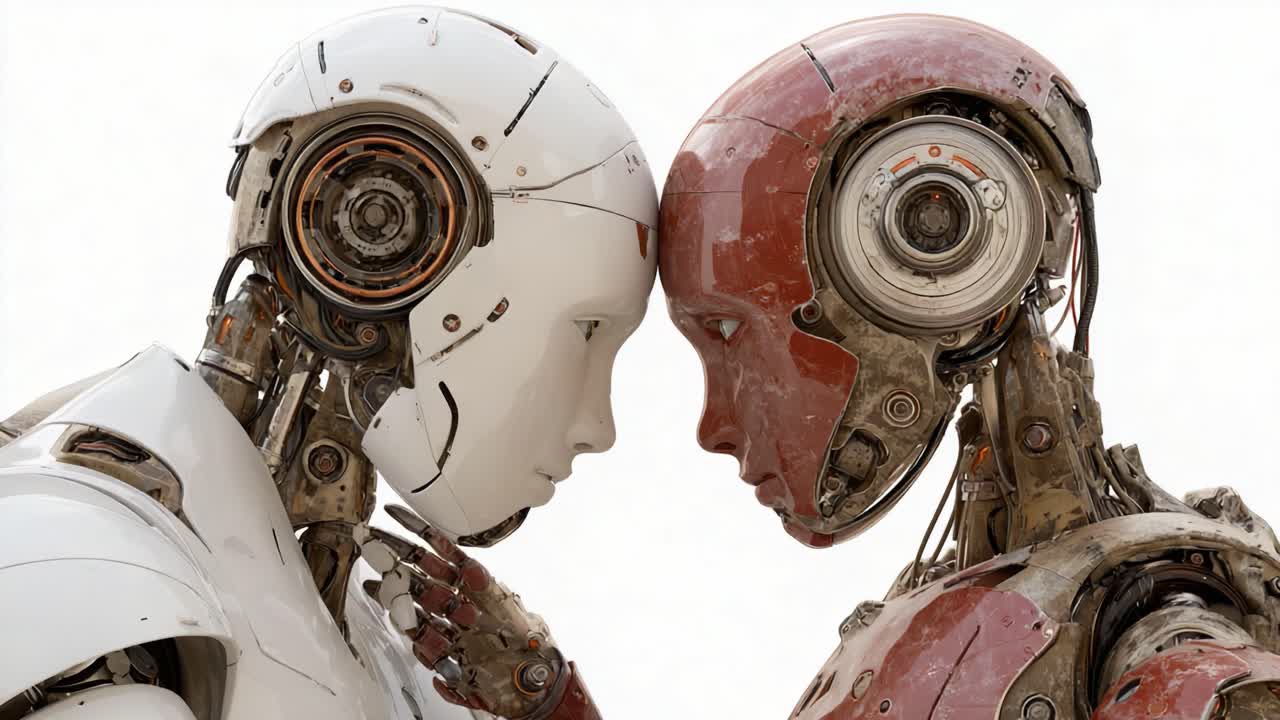A Compelling Moment of Connection Between Two Advanced Robots, Highlighting the Intersection of Technology and Emotion in a Futuristic Setting