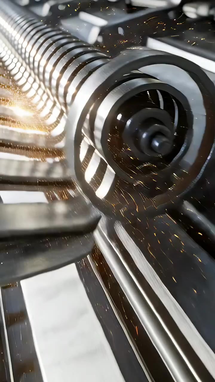 Vertical video: Spinning spiral steel shaft sending sparks upon tool contact in shop, showing tines