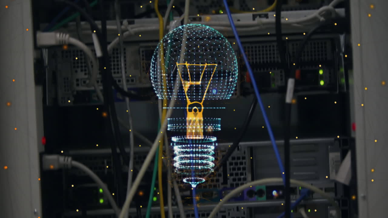 Animation of light bulb and data processing with connections over computer server