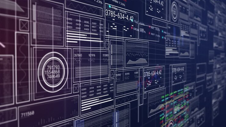 Animation of interface with statistical and stock market data processing against blue background