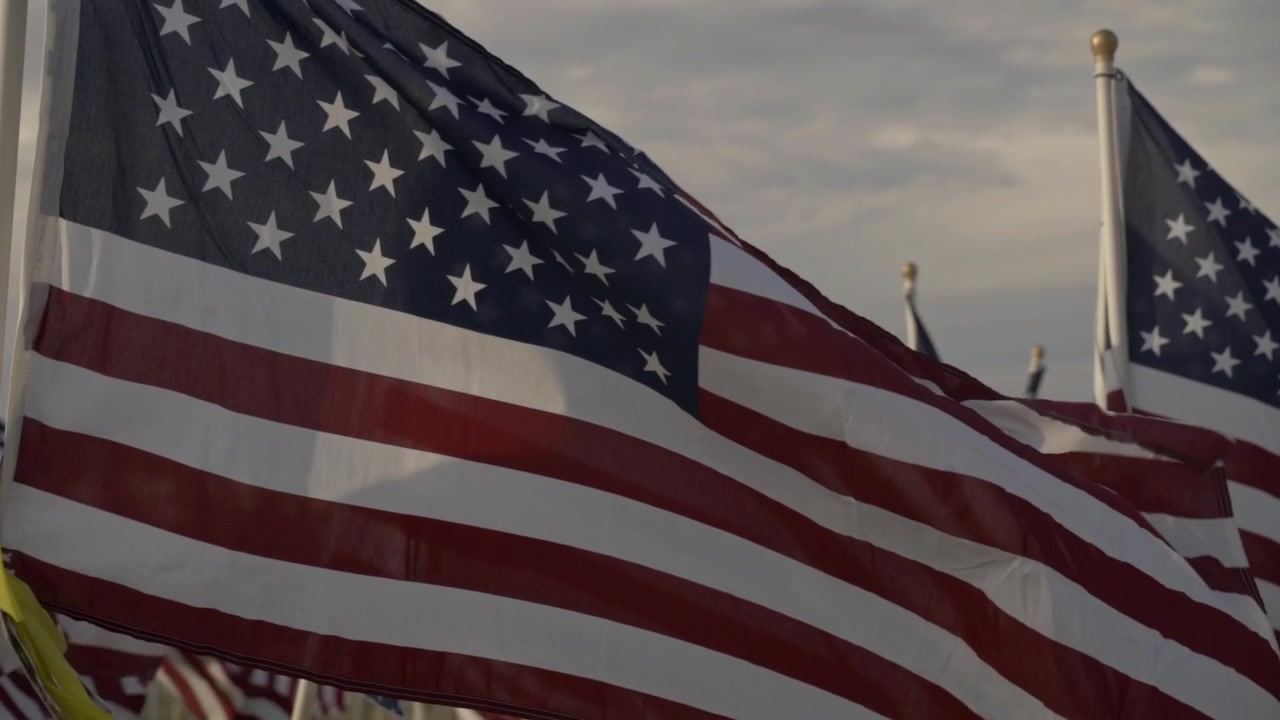 Bandiere americane sventolano al vento in un parco commemorativo all'aperto, creando una scena patriottica per il Quattro Luglio. La ripresa ravvicinata evidenzia le stelle e strisce durante un tranquillo tributo al tramonto.