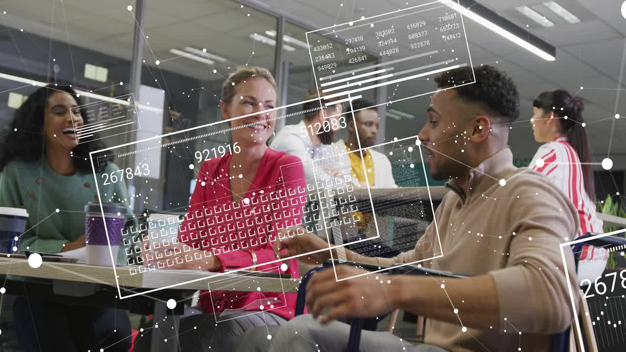 Animation of screens with data processing over diverse business people in office