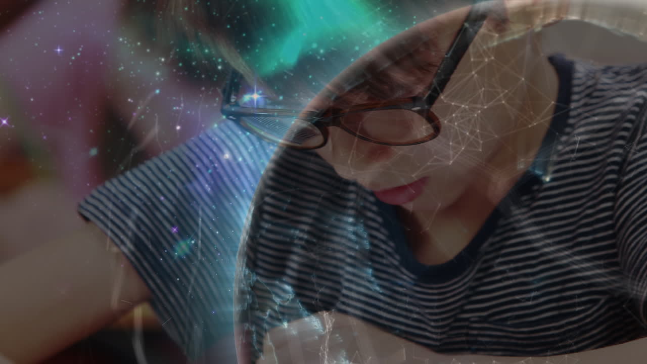 animación de redes de conexiones y globo digital sobre diversos escolares