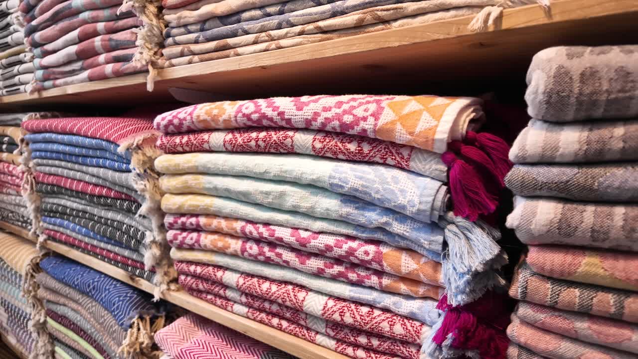 Stacks of colorful folded towels on shelves