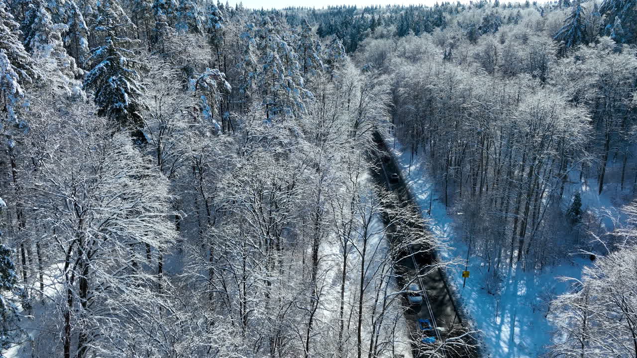 Et højtliggende droneoptag, der viser køretøjer køre på en ryddet asfaltvej, som snor sig gennem en tæt, frostbelagt vinterførst i Polen.