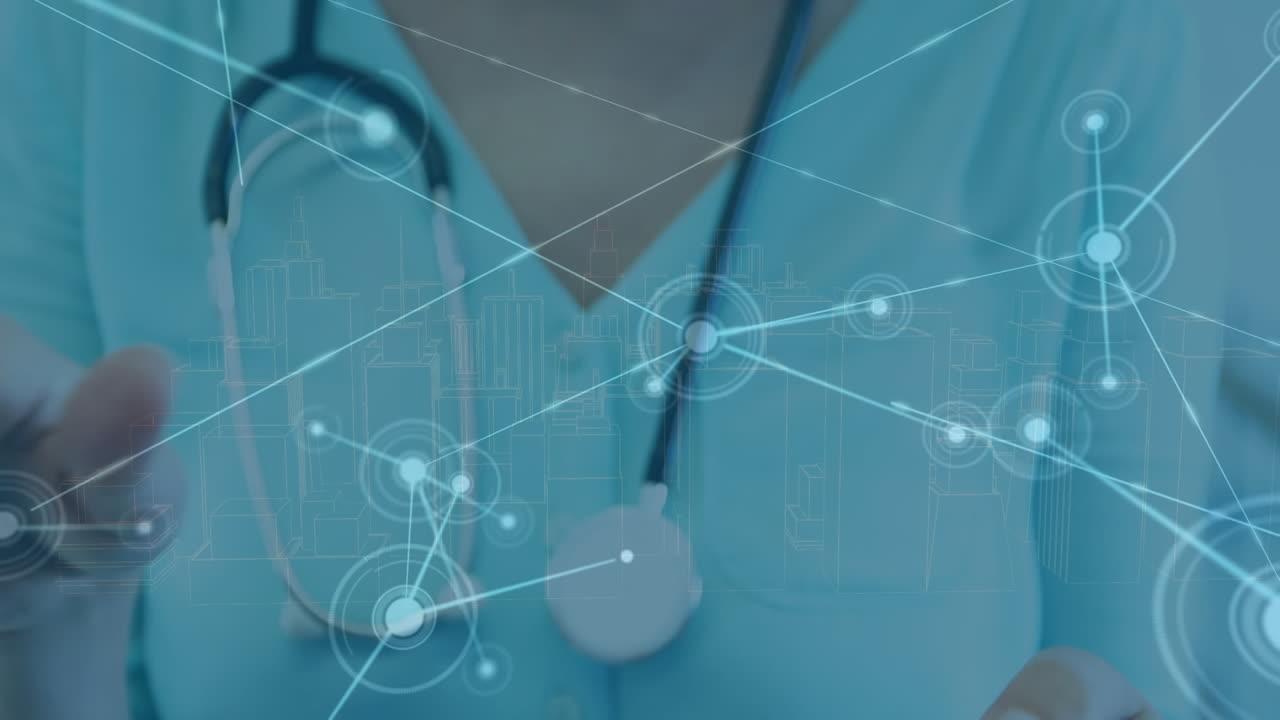Animation of dots connected with lines over caucasian female doctor using digital tablet in hospital