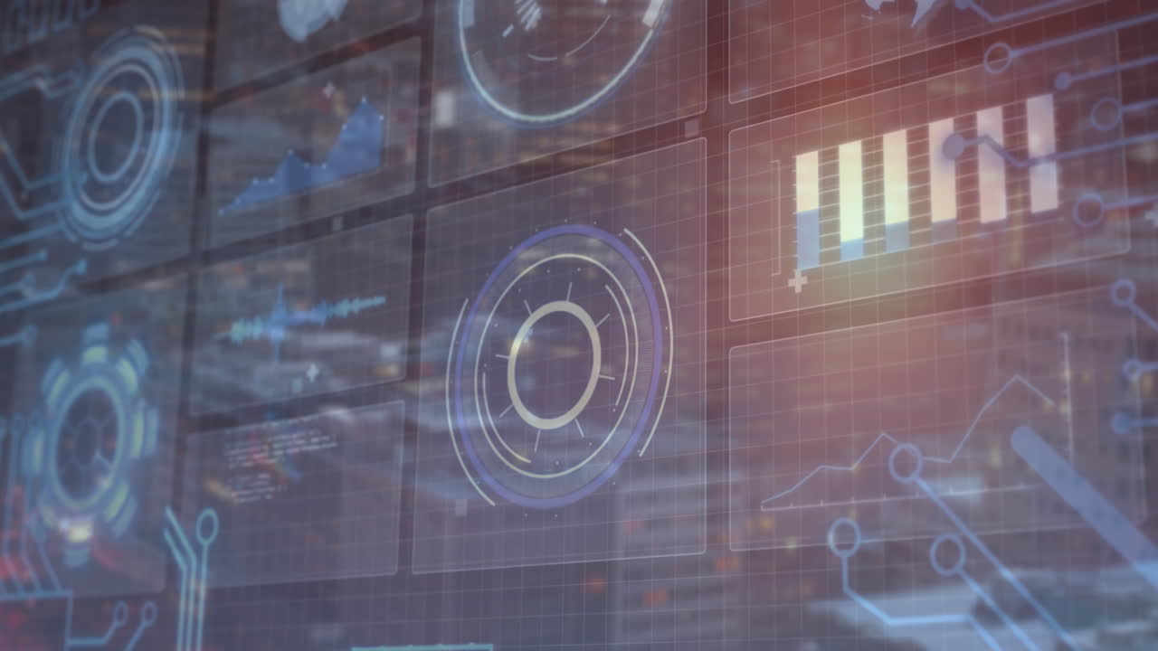 Concentric circular gauge glowing in futuristic digital interface, showcasing bar chart line graph