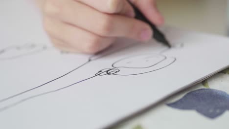 closeup of a kid's hand doodling on a white paper with a black marker