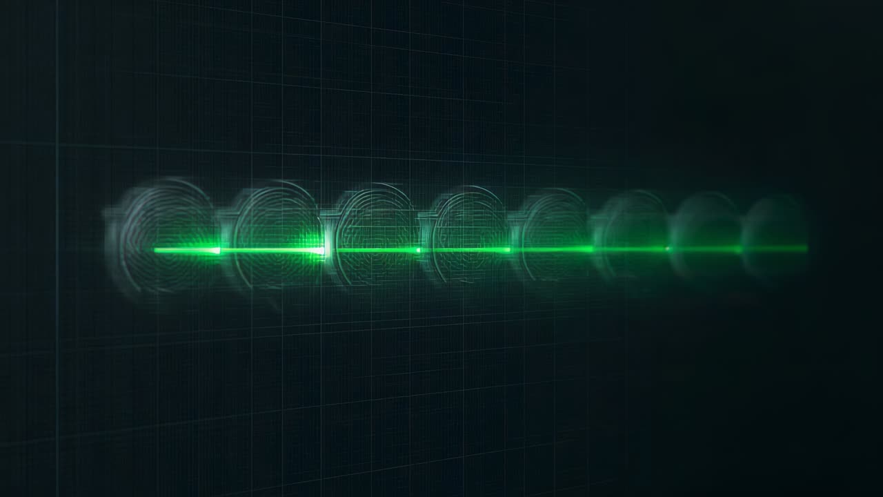 Emitting narrow green beam forming bright circular lights across dark gridded display, with rings