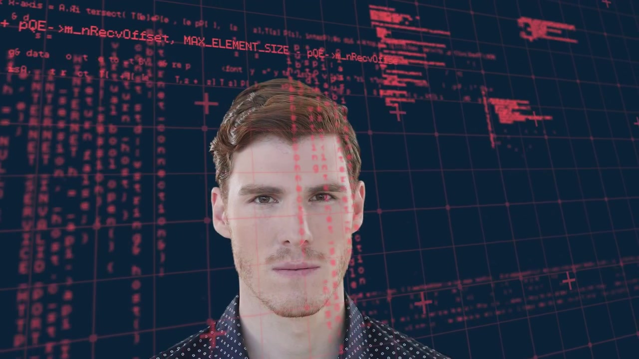 Animación de procesamiento de datos digitales sobre empresario caucásico