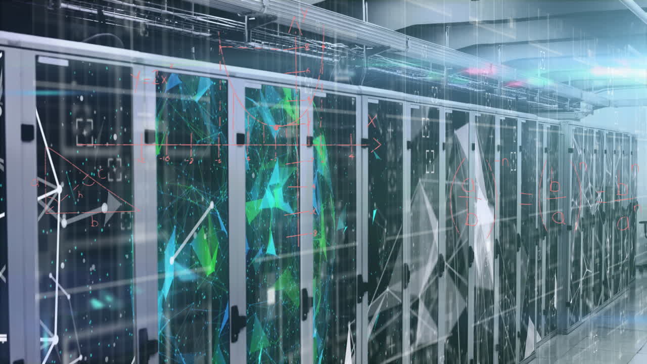 Animation of plexus networks and mathematical equations against computer server room