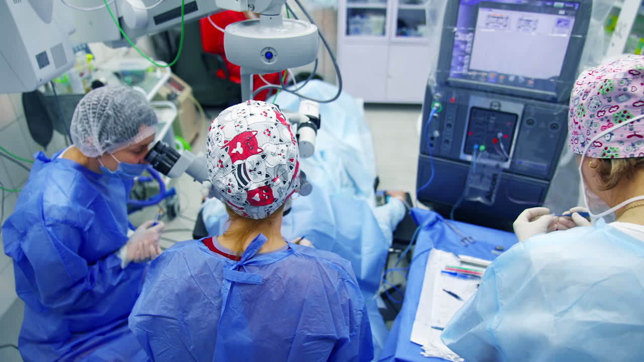 Close up of surgery team operating. Surgeons operating eye of patient at the operating room