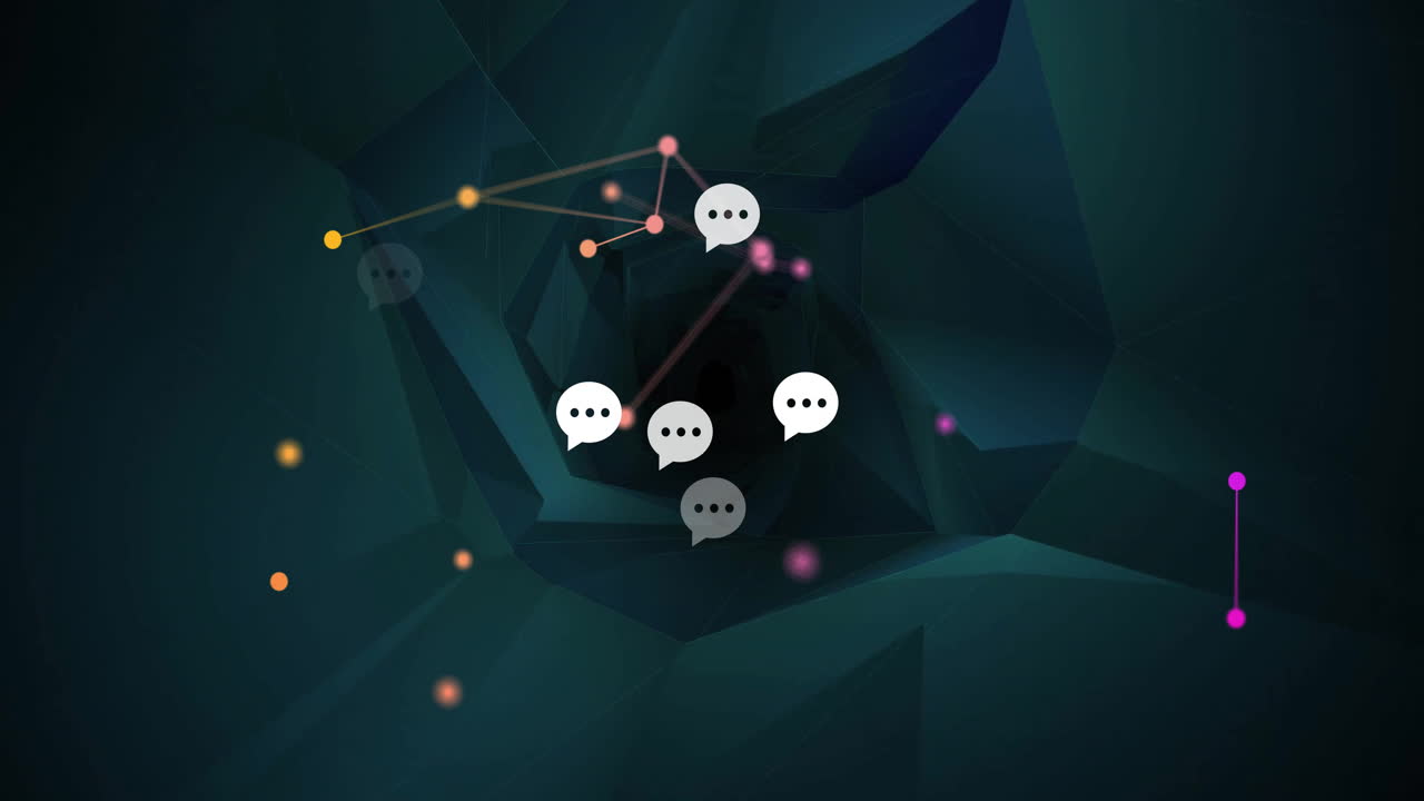 Cluster of chat bubble icons rotating inside teal vortex, glowing nodes connecting networks