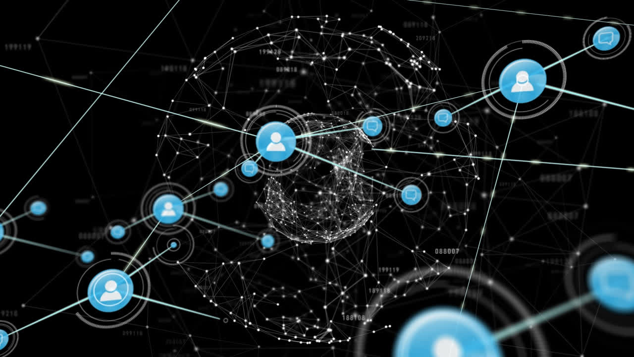Animation of networks of connections with icons over globe on black background