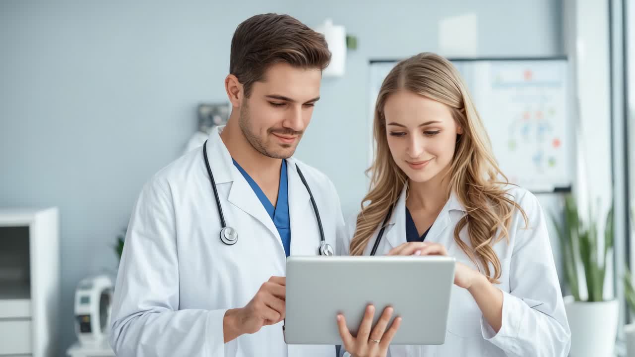 Positioning tablet so both can view screen, medical colleagues reviewing patient data in clinic