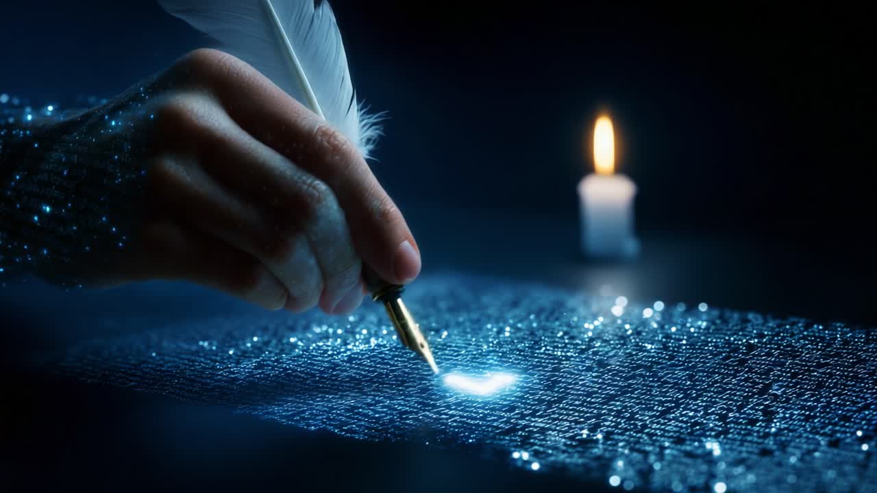 A Mystical Hand Illuminates the Darkness with a Quill Pen, Capturing the Essence of Creativity and Imagination on a Glowing Surface, with a Soft Candle Flickering in the Background for an Enchanting Atmosphere