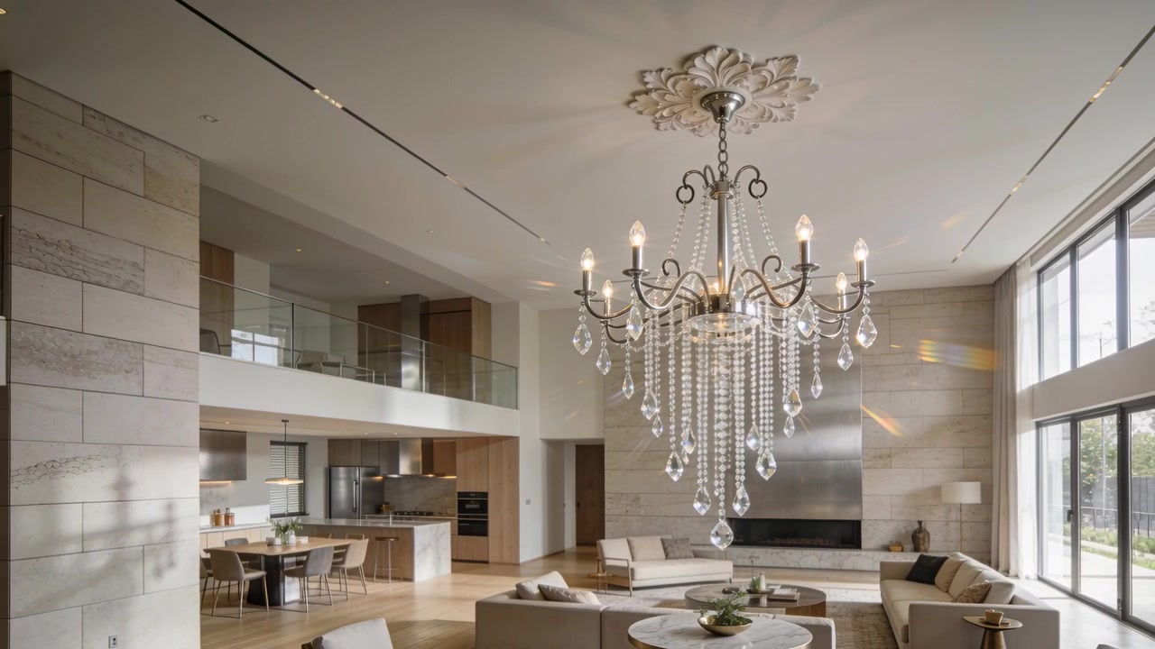 Panning camera tightening to emphasize crystal chandelier sparkle in open-plan great room