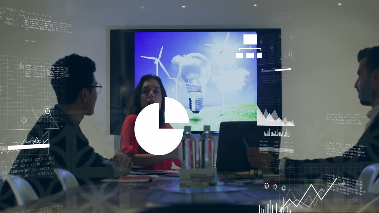 Animation of financial data processing over diverse business people in office