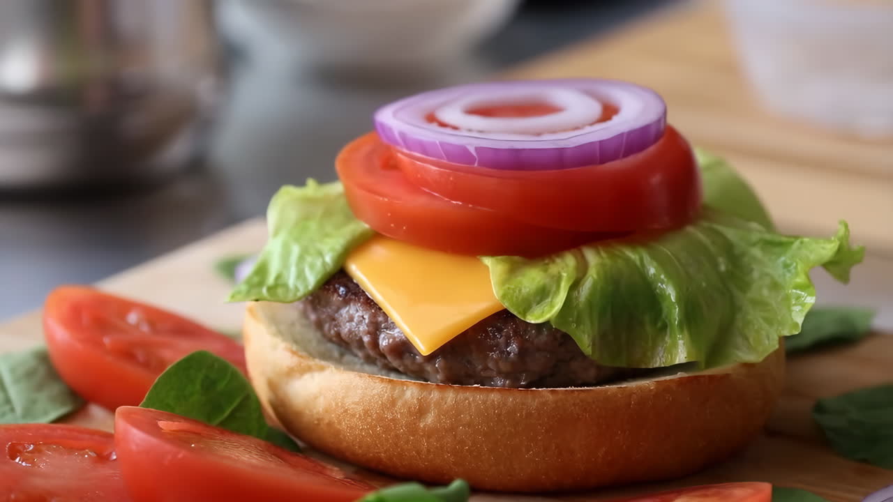 Assembling a delicious burger with fresh ingredients