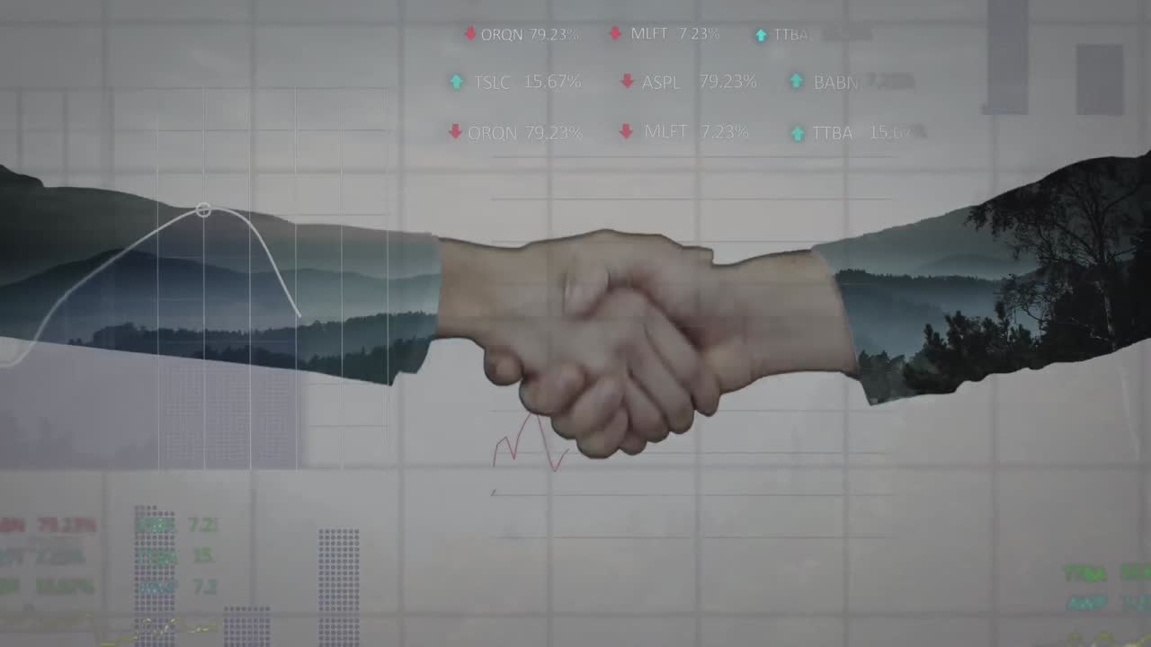 Animation of data processing over businessman handshake