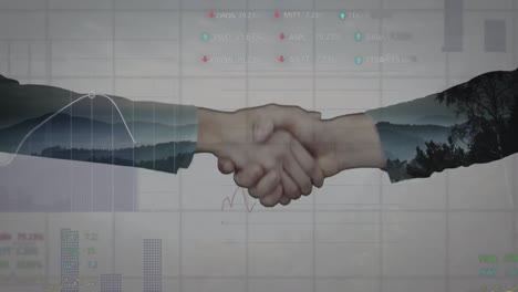 animación del procesamiento de datos sobre el apretón de manos de un hombre de negocios