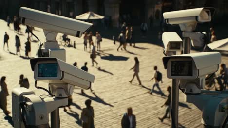 surveillance technology observing urban life: cctv cameras monitoring public spaces amidst a crowded city square