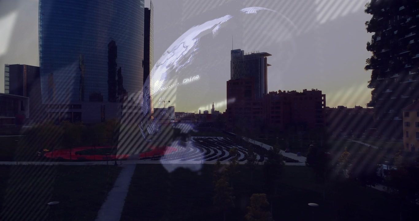 Sun dipping behind mid causing glare narrowing as globe emerging rotating showing plaza via glass