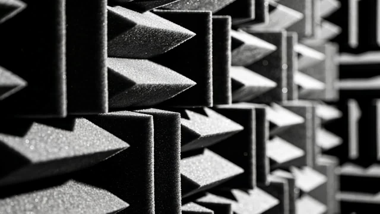 Moving camera revealing pyramidal acoustic foam wall in sound-treated room, highlighting dust