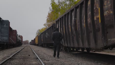 una persona camina sola junto a las vías del tren durante una nevada ligera