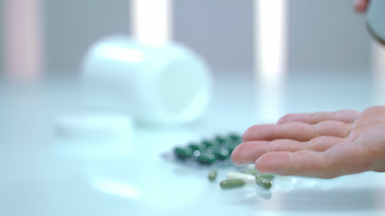 Pharmaceutical medicine concept, Man taking various pills on male hand pouring tablets from meds bottle. Taking medicine, health care and treatment concept.