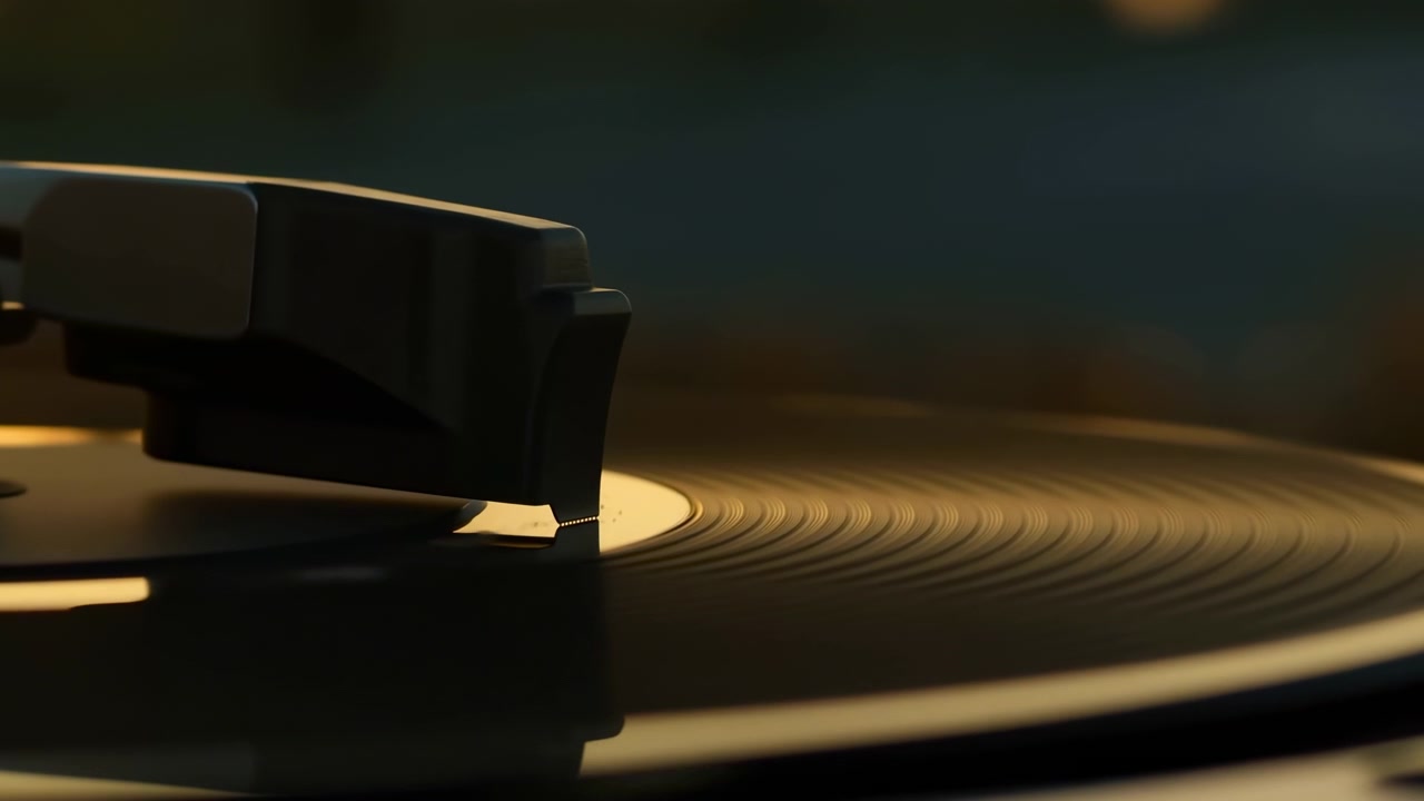 Una luce calda e soffusa illumina un primo piano di uno stilo di giradischi che tocca un disco in vinile in rotazione, con solchi visibili, parti metalliche e ombre morbide.