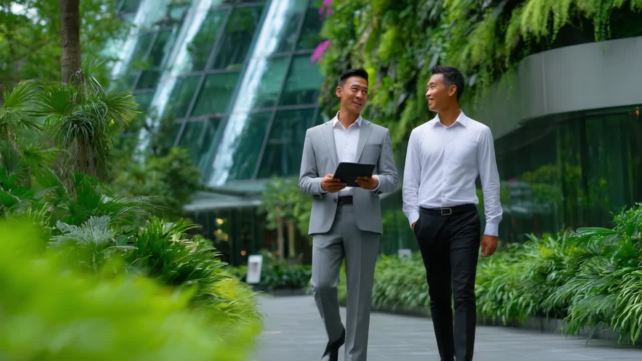 Dua profesional berjalan di ruang perkotaan hijau yang rimbun, terlibat dalam percakapan ramah sambil memegang tablet digital, menampilkan lingkungan modern dan ramah lingkungan yang penuh dengan tumbuh-tumbuhan yang hidup