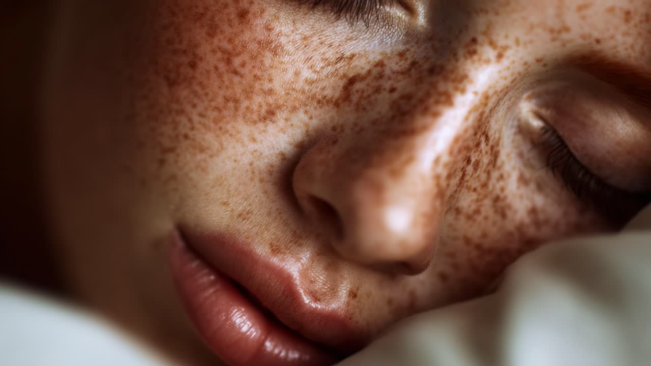 A Close-Up of a Peaceful Sleeper, Capturing the Delicate Freckles and Soft Features of the Face While in a State of Serene Slumber, Highlighting Tranquility and Restfulness