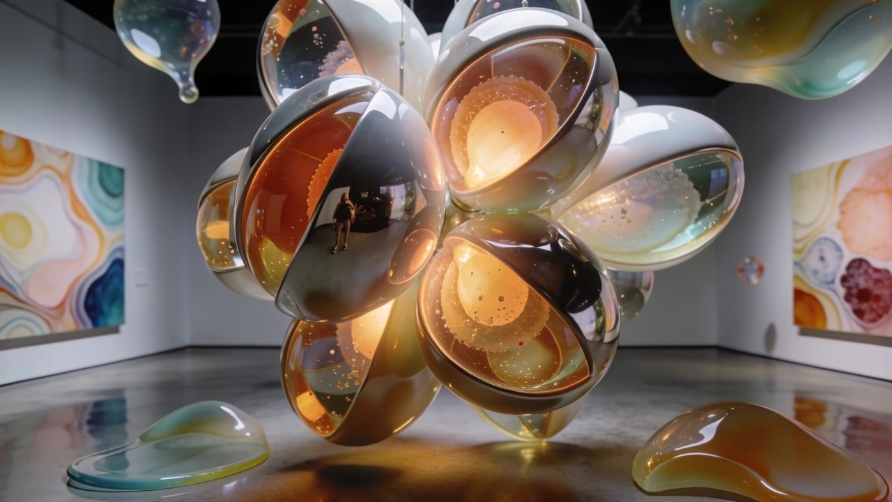 Camera starting in gallery, glass lobed sculpture rotating, shedding droplets revealing lower lobes