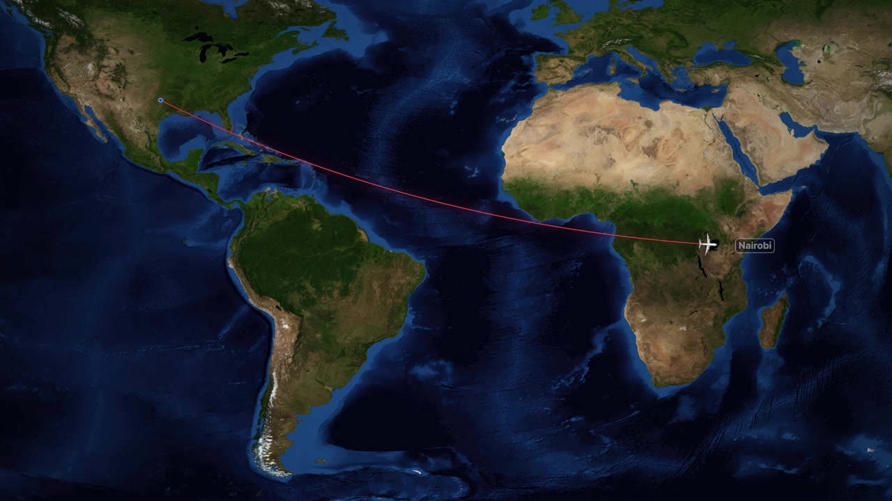 Satellite world map animation follows an airplane flying from Dallas to Nairobi across the Atlantic