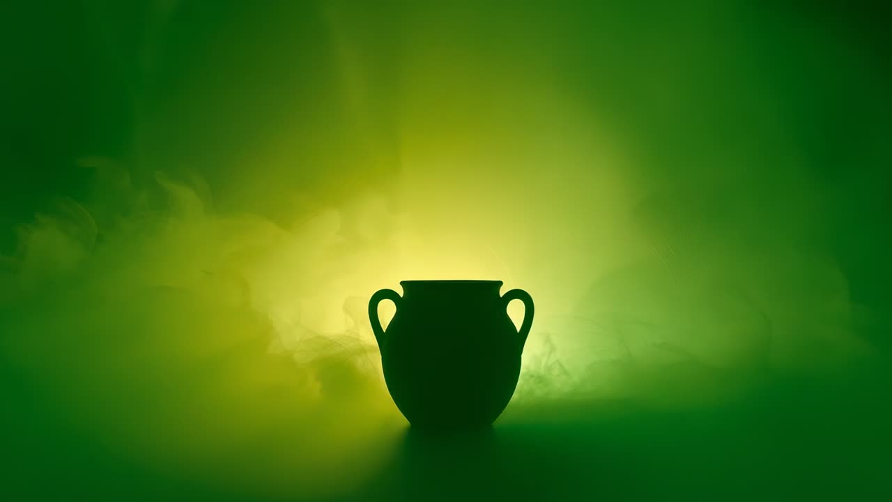 Una retroilluminazione verde si intensifica, rivelando un'urna a due manici in studio, con la nebbia che vortica e ne affina il profilo.