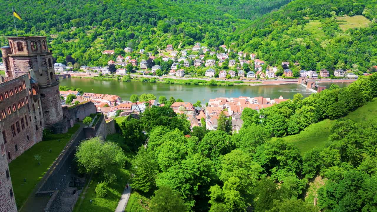 4K Aerial Drone Video of Ruins and Gardens of the Historic Castle on Königstuhl Hill overlooking Heidelberg, Germany